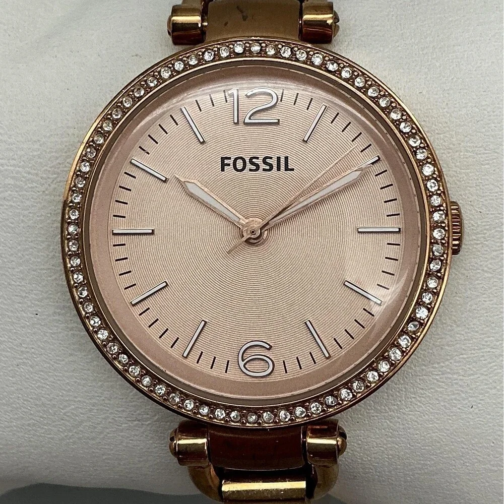 Fossil Womens Watch 32mm Rose Gold Tone Crystal Bezel ES3286 New Battery 6